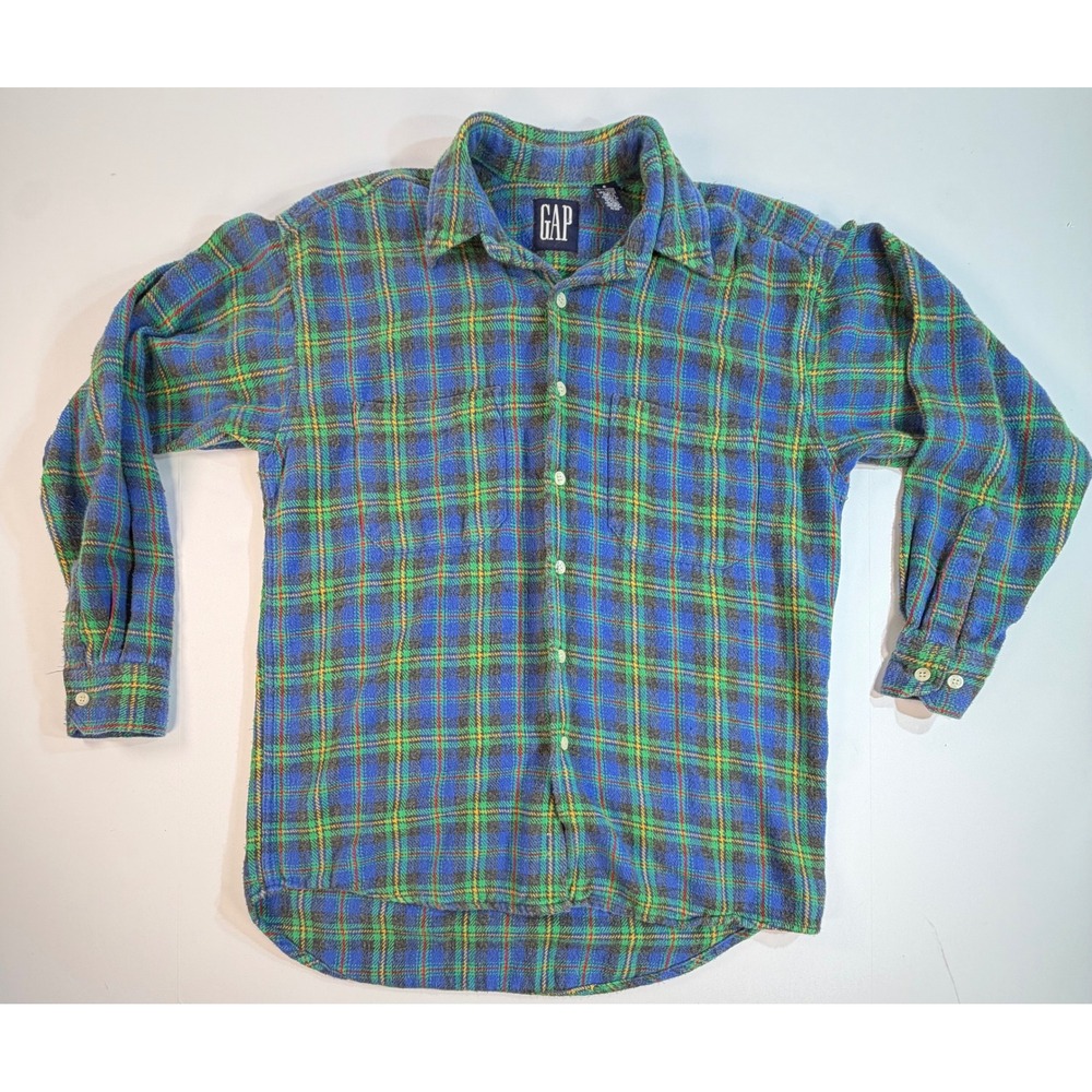 Vintage Gap Plaid Flannel Shirt Mens Small Blue Green Cotton Rayon Portugal